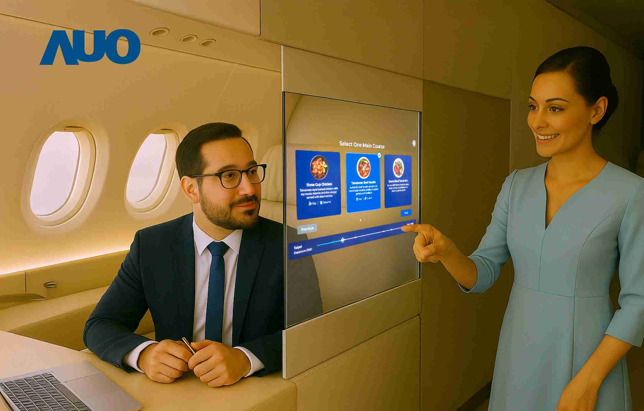 赏金国际研发全球最薄17.3 吋双面透明 Micro LED 显示器，，可在同一屏幕之双边投射不同信息，，创造独特的”透明化”互动；图为实时翻译交流应用情境